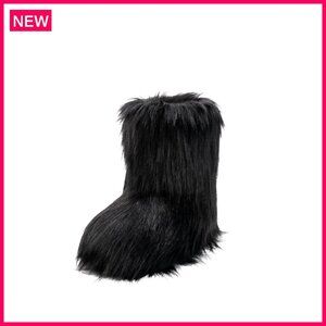 Faux Fur Boots Women's Winter Mid-Calf Suede Flat Shoes Warm Comfy Indoor